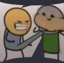 a couple of cartoon characters standing next to each other and talking to each other .