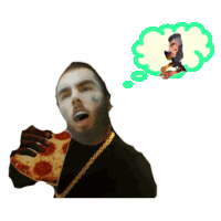 a man is eating a slice of pizza with a thought bubble above him