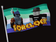 a flag with two roblox characters on it and the word tomorrow on it