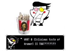 a picture of a cartoon character next to a bucket of kfc fried chicken
