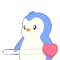 a blue penguin with red hearts in its eyes holds a pink heart