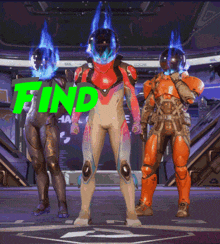 a group of soldiers are standing in front of a sign that says find