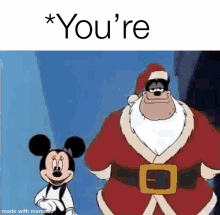 mickey mouse and santa claus are standing next to each other in a cartoon