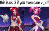 a screenshot of a video game character with the caption " this is us 3 if you even care > < !! "