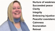 a woman is smiling in front of a list of words