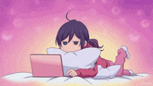 a cartoon of a girl laying on a bed looking at a laptop