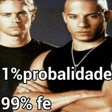 two men standing next to each other with the words 1 % probabilidade 99 % fe