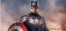 a man in a captain america costume is holding a shield ..