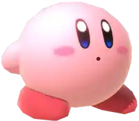 a close up of a pink kirby with blue eyes