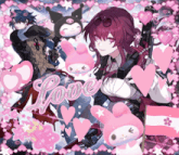 a girl with purple hair is surrounded by pink hearts with the word love written in the middle