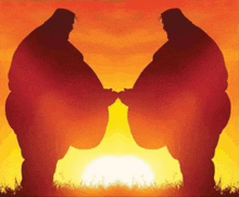 two fat men standing next to each other in front of the sun