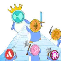 a cartoon of penguins holding a sword and a coin with the letter p on it