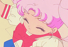 a cartoon of a girl with pink hair and a red scarf .