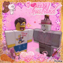 a couple of roblox characters standing next to each other with the words " i love you " on the bottom