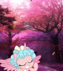 a cartoon of a unicorn giving a thumbs up in front of a pink and purple forest