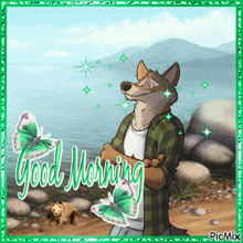 a picture of a wolf and a bear with the words good morning