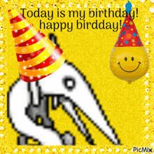 a birthday card with an elephant wearing a party hat and a yellow balloon