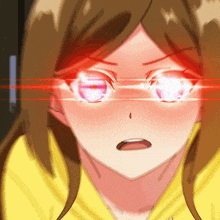 a close up of a girl with red eyes