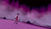 a cartoon character is standing on top of a purple hill in a video game .