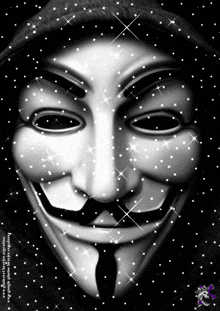 a black and white image of a anonymous mask with sparkles