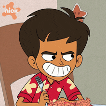 a cartoon of a boy holding a fork with the nick logo in the background