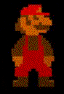 a pixel art of mario wearing red overalls and a red hat