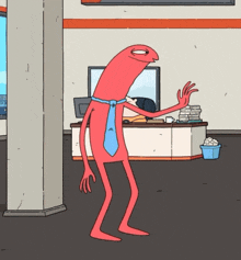 a cartoon character wearing a blue tie is standing in an office