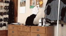 a black cat is sitting on a wooden dresser in a bedroom