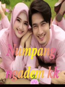 a man and a woman are posing for a picture with the words numpang ngadem kk below them