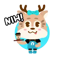 a cartoon illustration of a deer holding a cup of coffee and saying " nich "