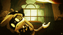 a cartoon character with a top hat and bow tie is holding something in his hand