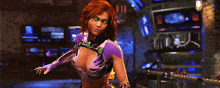 a woman in a purple and black superhero costume is standing in front of a sign that says " do not enter "