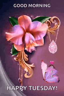 a good morning and happy tuesday greeting card with a flower and butterfly