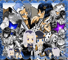 a collage of jojo 's bizarre adventure characters on a blue and white background