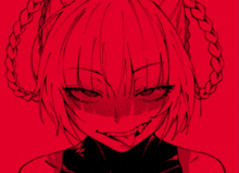 a drawing of a girl with pigtails sticking her tongue out in a red background