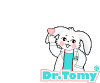 a cartoon of a bunny with a heart and the words dr.tomy below it