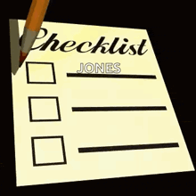 a pencil is writing on a checklist with the name jones written on it .