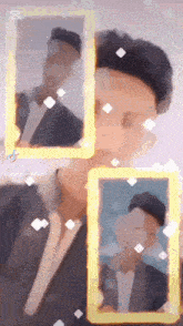 a man in a suit and hat is surrounded by yellow frames