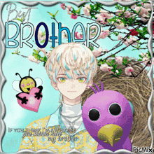 a picture of a boy and a purple stuffed animal with the words best brother