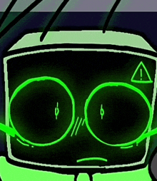a cartoon character with glowing green eyes and a warning sign