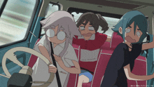 three anime characters are sitting in the back seat of a car and one of them is wearing glasses
