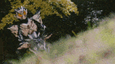a cartoon character is standing in the grass with a sword