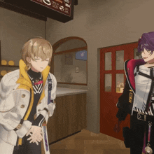 two anime characters are standing in front of a sign that says ' tea '