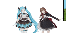 two anime girls are standing next to each other and one has blue hair