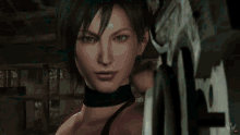 a person is walking down a hallway with a rifle in their hand .