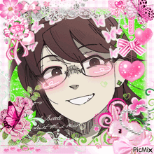 a picture of a girl with glasses is surrounded by pink flowers and butterflies and says picmix