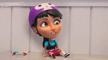 a cartoon girl wearing a helmet is sitting on the floor next to a skateboard