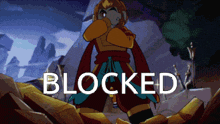 a cartoon character is standing on a pile of rocks with the word blocked below him