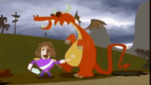a cartoon of a man holding a sword and a dragon