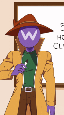a cartoon character with a w on his head is standing in front of a whiteboard